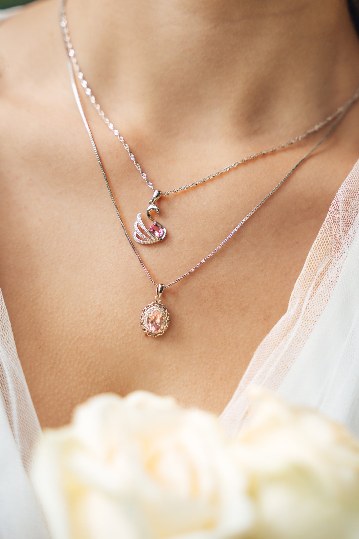 Natural Pink Topaz Swan Necklace
