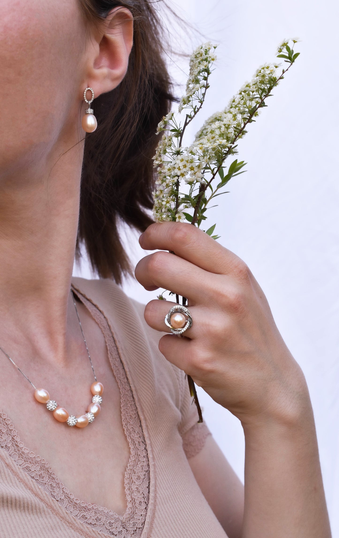 Real Peach Pearl and zircon Necklace