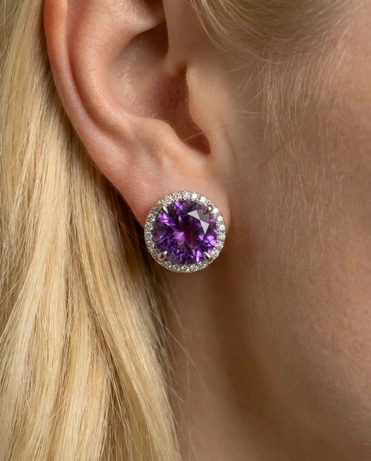Round Amethyst Stud Earring