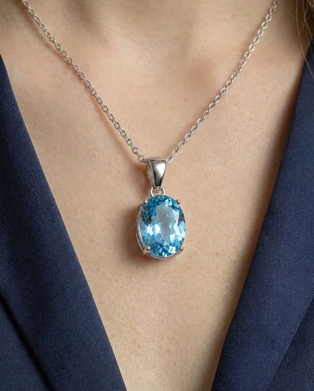 Natural Light Blue Oval Topaz Necklace