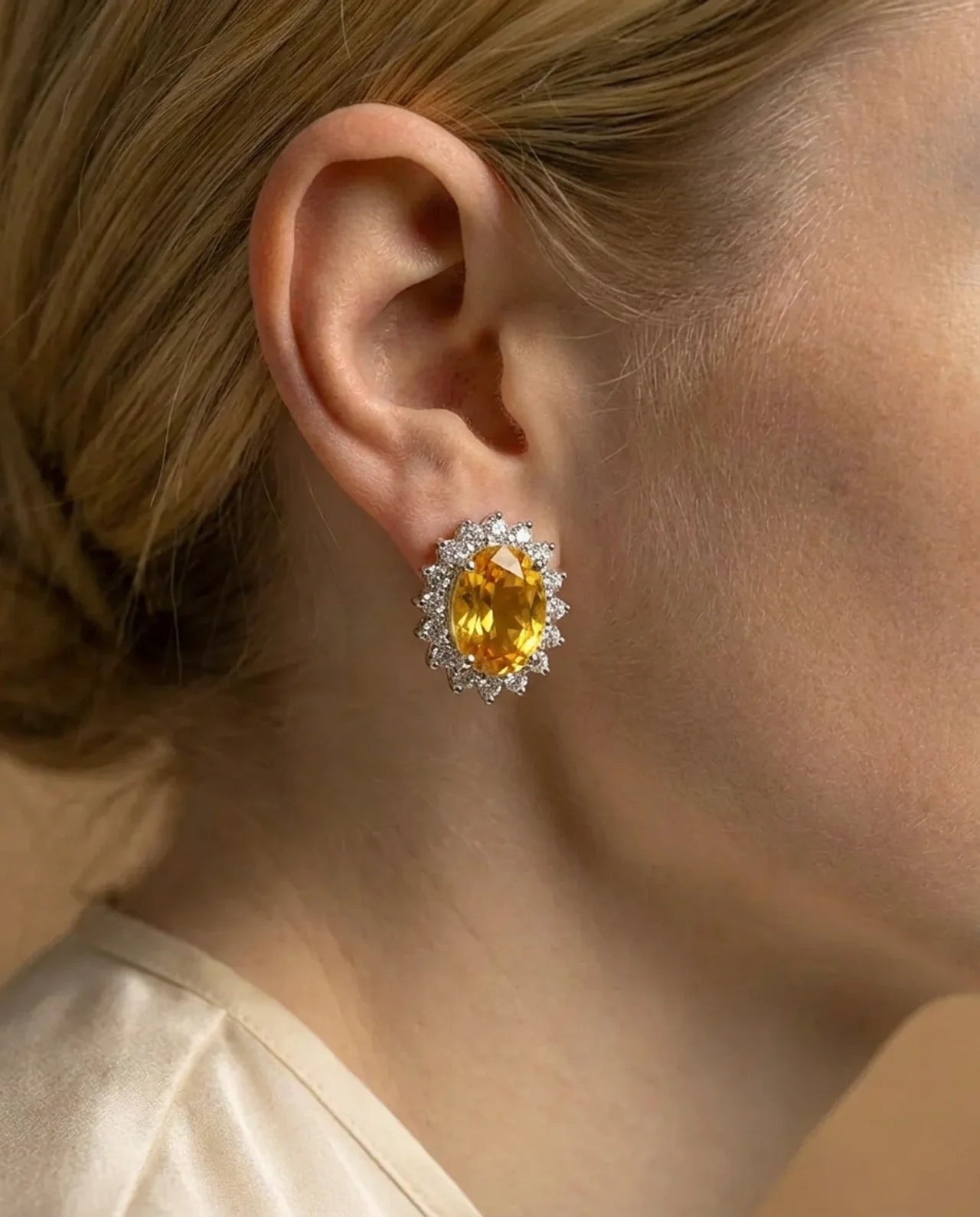 Natural Citrine Stud Earrings with simulated Diamond