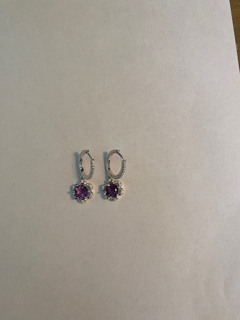 Amethyst-Coloured Flower Drop Earrings in 925 Sterling Silver