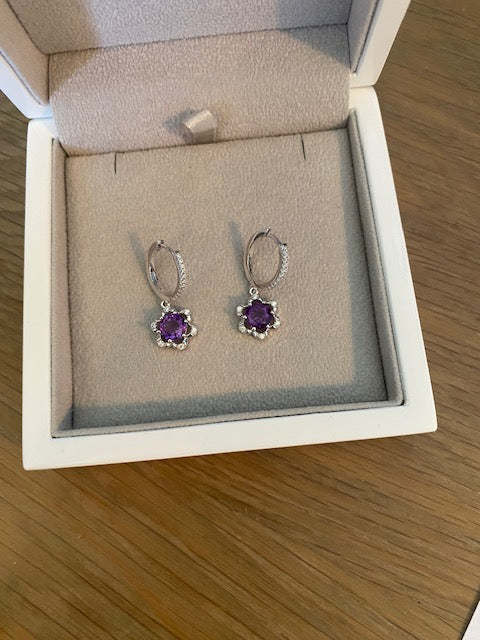 Amethyst-Coloured Flower Drop Earrings in 925 Sterling Silver