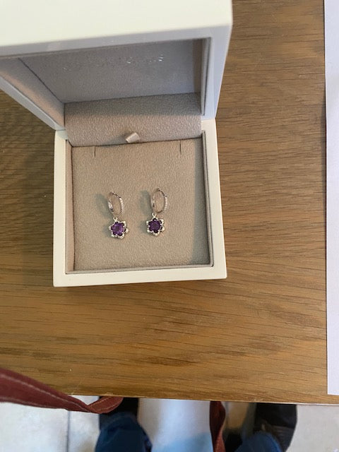 Amethyst-Coloured Flower Drop Earrings in 925 Sterling Silver