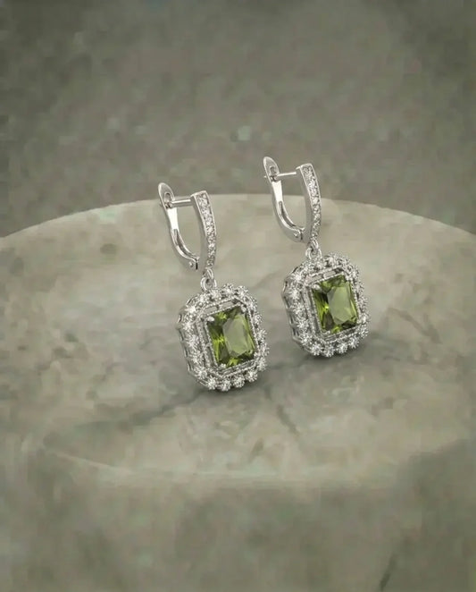 Large Square Olive Green Zirconia Earrings
