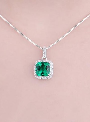 Simulated Emerald Pendant: Green Gemstone Necklace with Cushion Cut Emerald