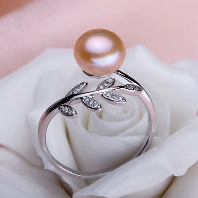 Pearl Ring with Zircon Leaf Pink