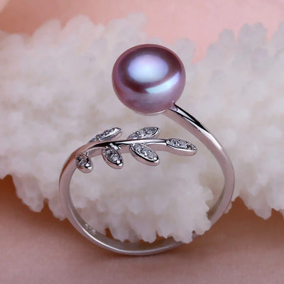 Pearl Ring with Zircon leaf Purple