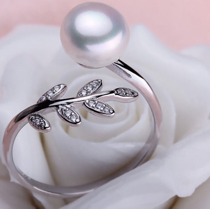 3 Leaf Simple Open Top Adjustable 925 Sterling Silver and Pearl Ring